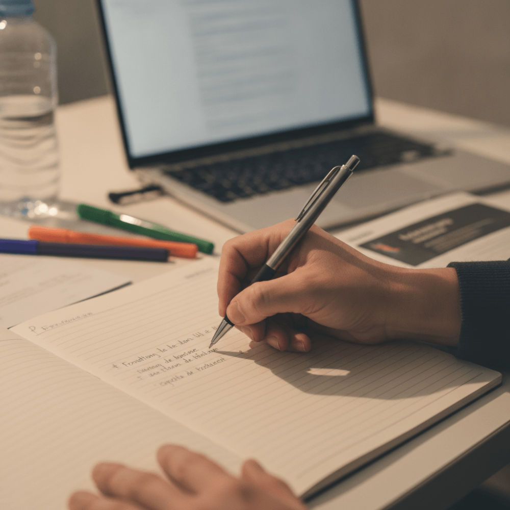 Adulte en formation professionnelle qualifiante prenant des notes lors d'une reconversion en Auvergne-Rhône-Alpes