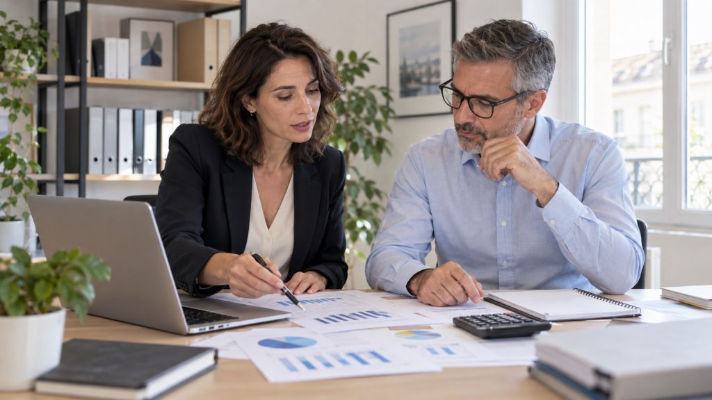 Dirigeante d’un organisme de formation et expert-comptable analysant un tableau de bord financier