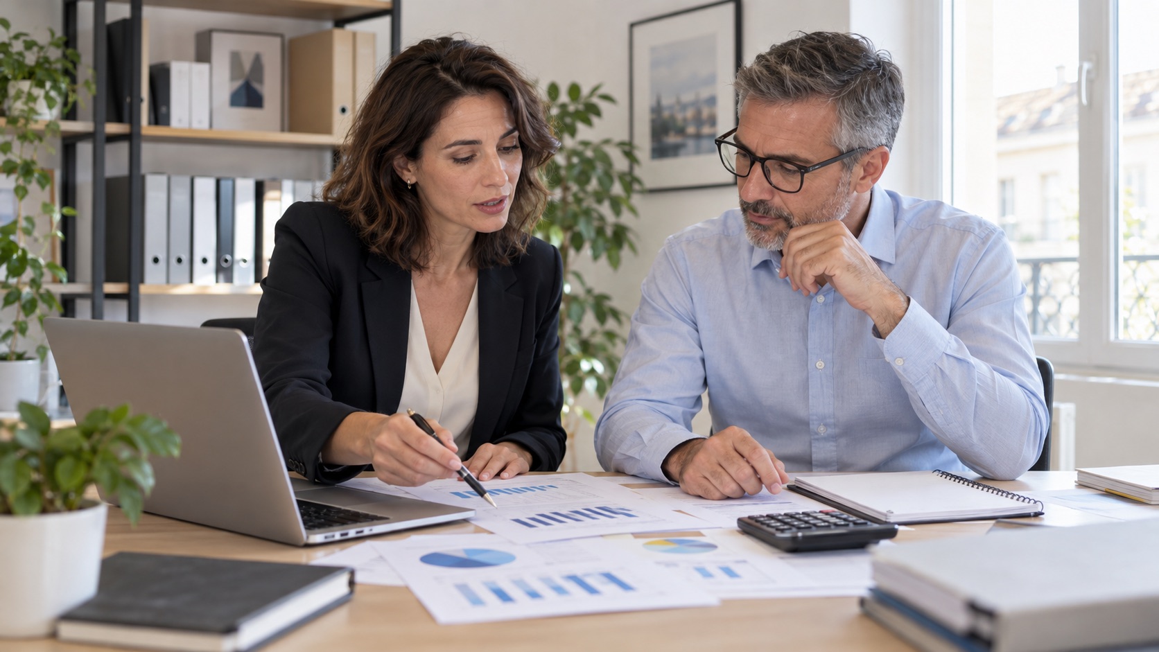 Dirigeante d’un organisme de formation et expert-comptable analysant un tableau de bord financier